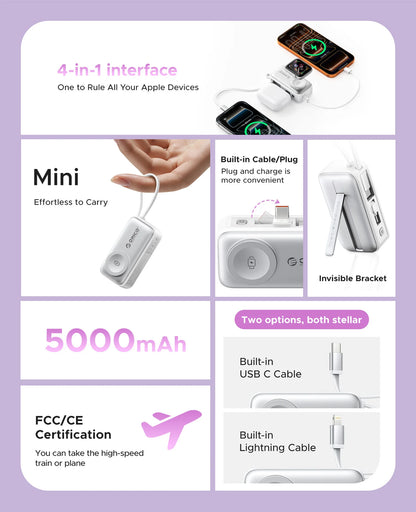 22.5W Mini Power Bank 5000Mah Built-In USB-C Cable Pocket-Sized Smaller Fast Charging Portable for Iphone 17 Samsung S25