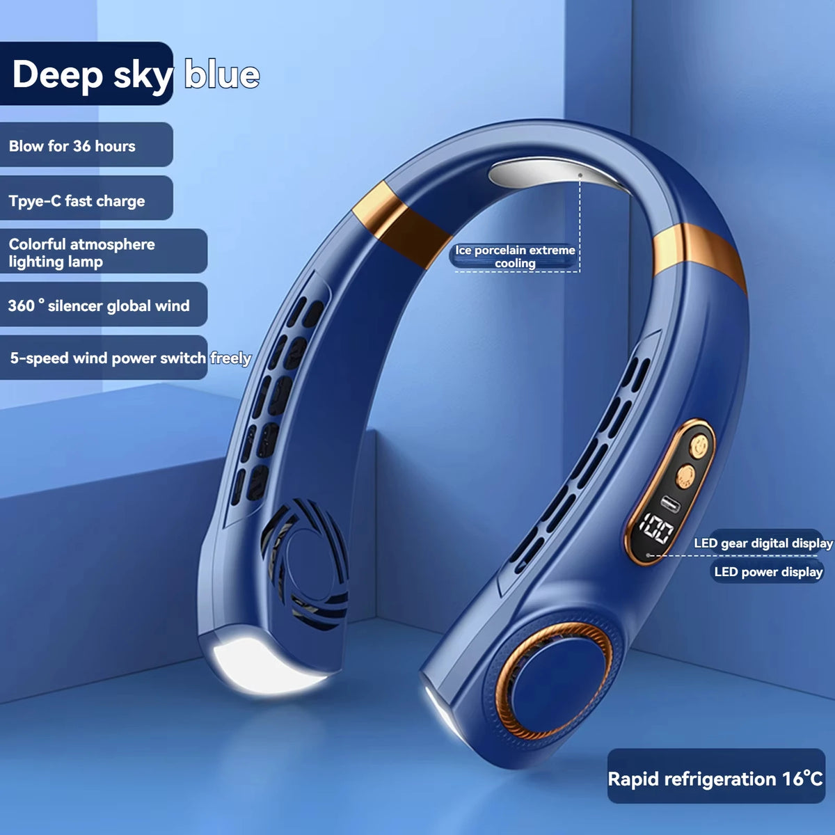 2025 Hanging Neck Fan Portable Bladeless Neck Fan Air Cooler Digital Display Rechargeable Air Conditioner Neck Ventilator