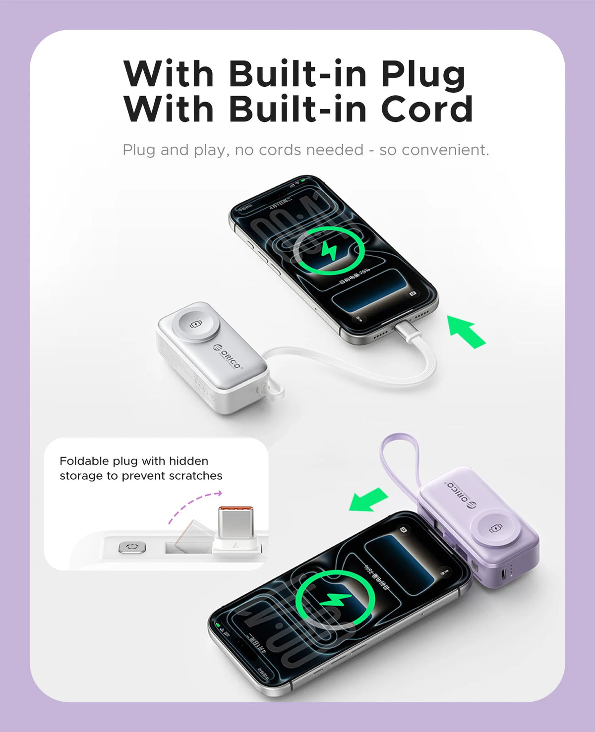 22.5W Mini Power Bank 5000Mah Built-In USB-C Cable Pocket-Sized Smaller Fast Charging Portable for Iphone 17 Samsung S25