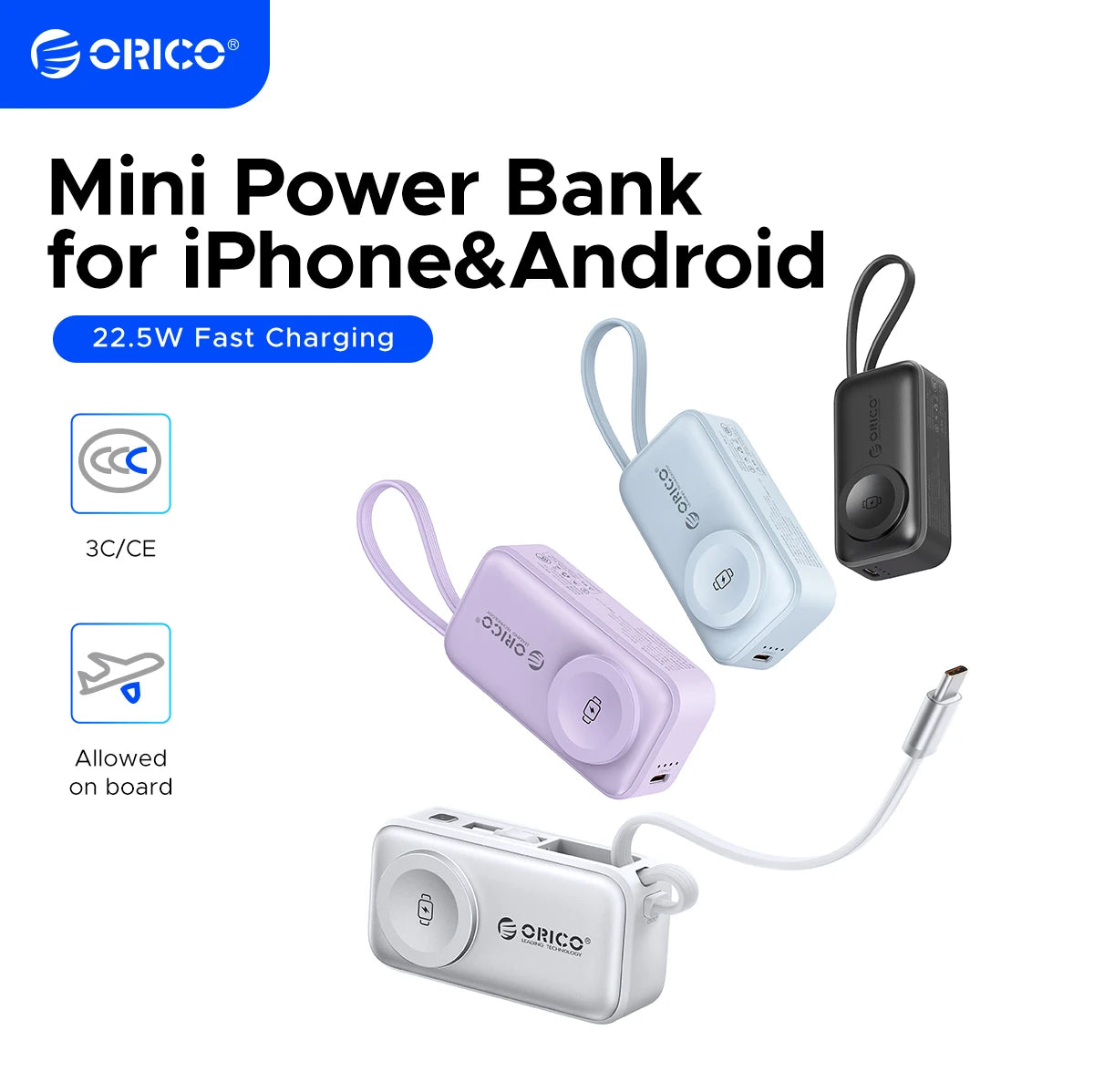 22.5W Mini Power Bank 5000Mah Built-In USB-C Cable Pocket-Sized Smaller Fast Charging Portable for Iphone 17 Samsung S25
